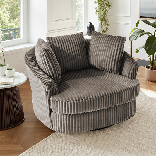 UIXE 43" W Oversized Swivel Accent Chair, Faux Fur Round Barrel Chair Comfy Upholstered Armchair for Living Room, Chaise Lounge Indoor Single Sofa Reading Seat - Dark Camel
