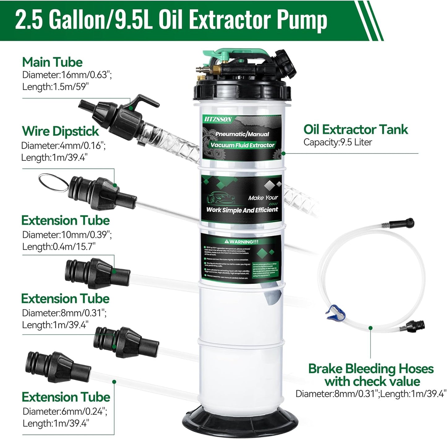 9.5 L/2.5 Gallon Oil Extractor Pump Pneumatic/Manual, Fluid Extractor Oil Change Pump Extractor with 5 Tubes and A Brake Bleeding Hose for Automotive, Boats