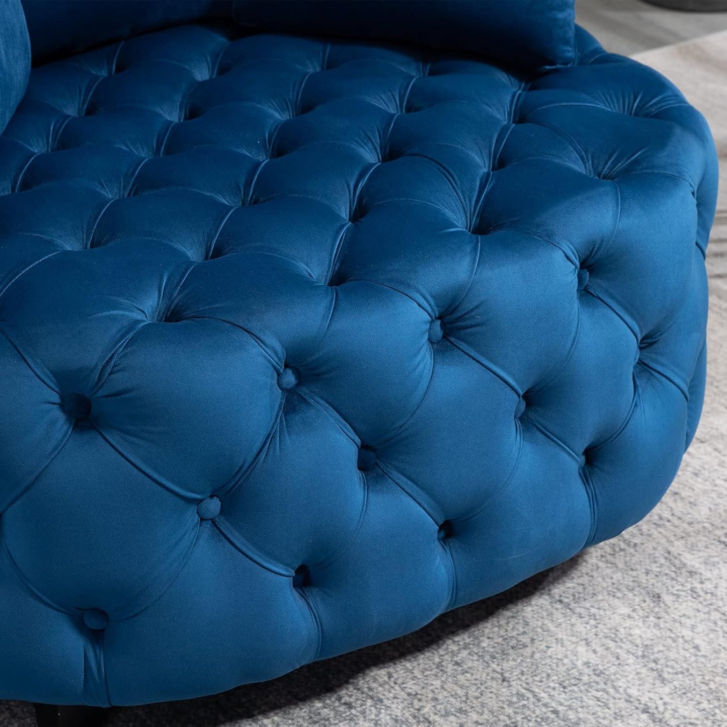 Velvet Accent Chair, Tufted Upholstered Barrel Chair Lounge Chair with 3 Movable Pillows and Solid Wood Legs, Oversized Round Sofa Chair Reading Chair for Living Room Bedroom Hotel Office, Blue