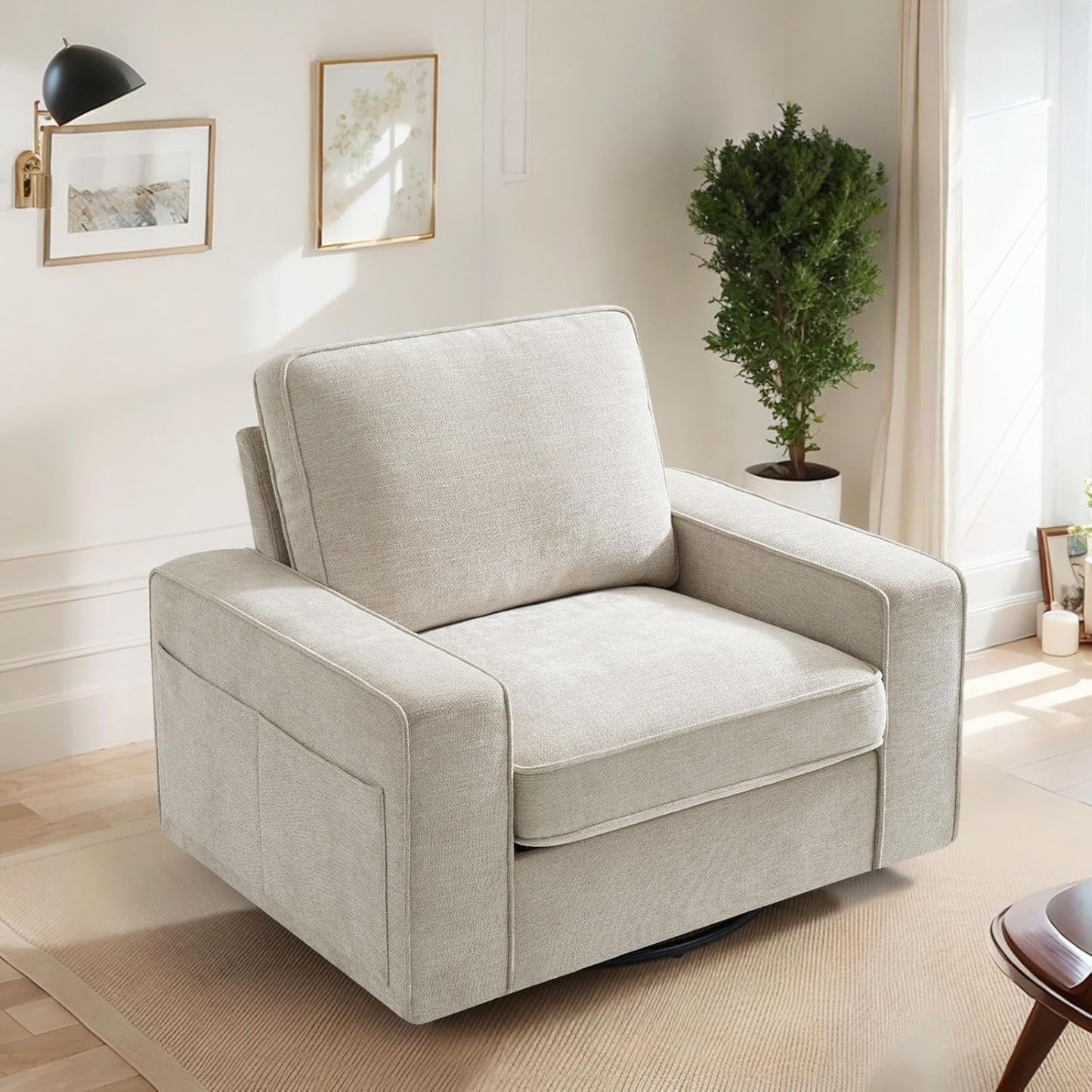 COHOME 360-Degree Swivel Accent Chair, Modern Oversized Club Arm Chair with Side Pockets, Classic Style Single Sofa Chair for Living Room, Bedroom (Beige)