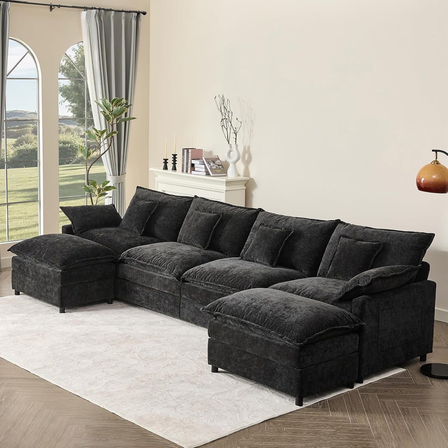 108" U Shaped Couch, Modular Sectional Sofa, 3-Seater Comfy Cloud Couch with Movable Ottoman, Deep Seat Couches for Living Room, Linen, Beige