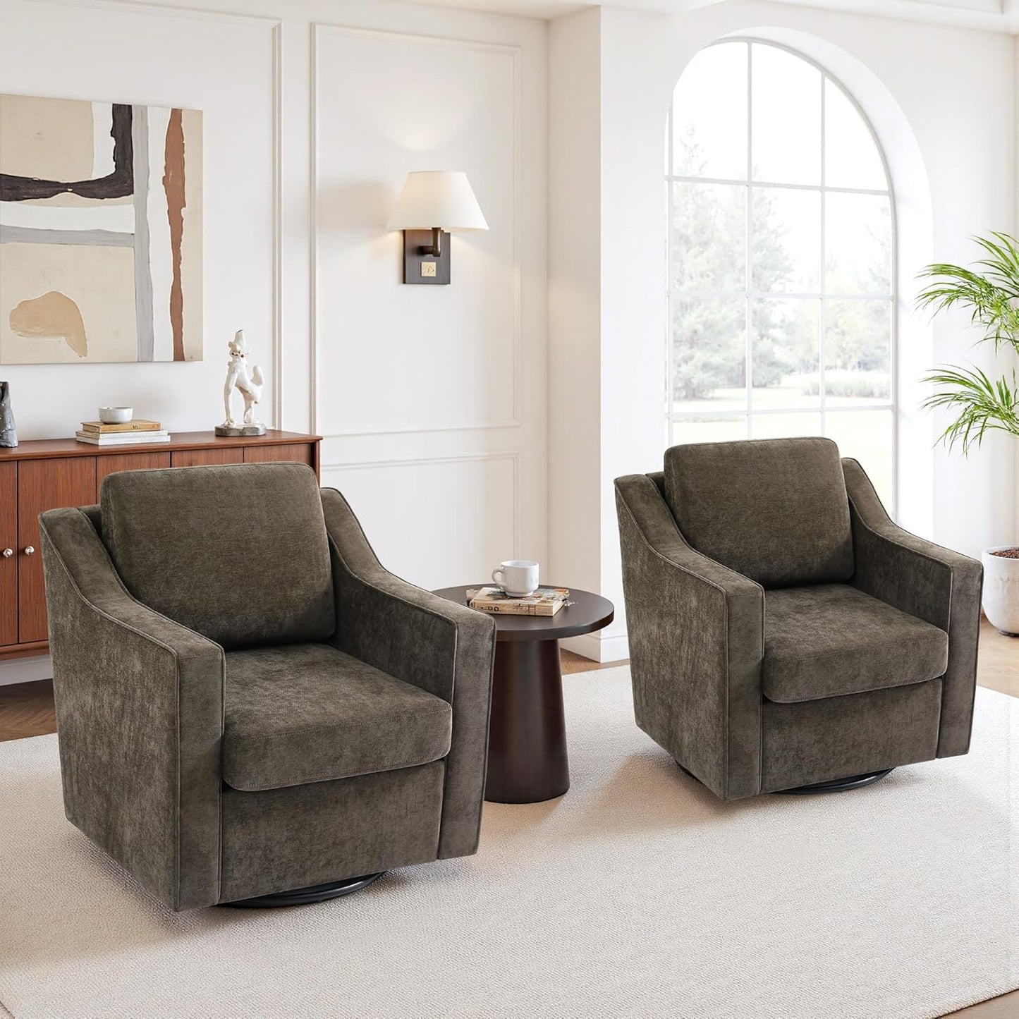UIXE Swivel Accent Chair Set of 2, Chenille Upholstered Arm Chair for Living Room, Modern Club Armchair Comfy Single Sofa Bedroom Reading Seat with Lumbar Pillow - Coffee