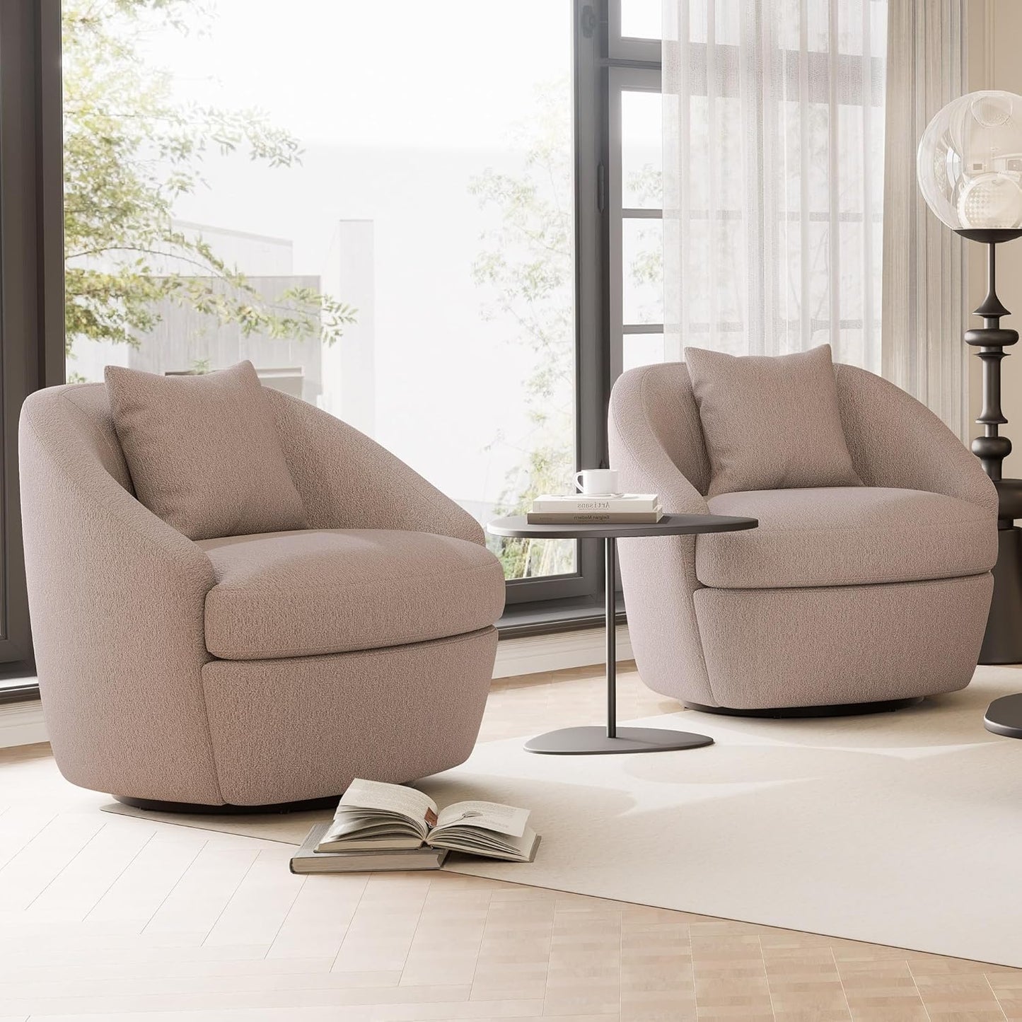 Rowill 360° Swivel Accent Chair, Modern Upholstered Boucle Fabric Single Armchair with Back Pillow, 33” Wide Cozy Round Barrel Living Room Chair for Bedroom, Reading Nook, Club Nursery, White