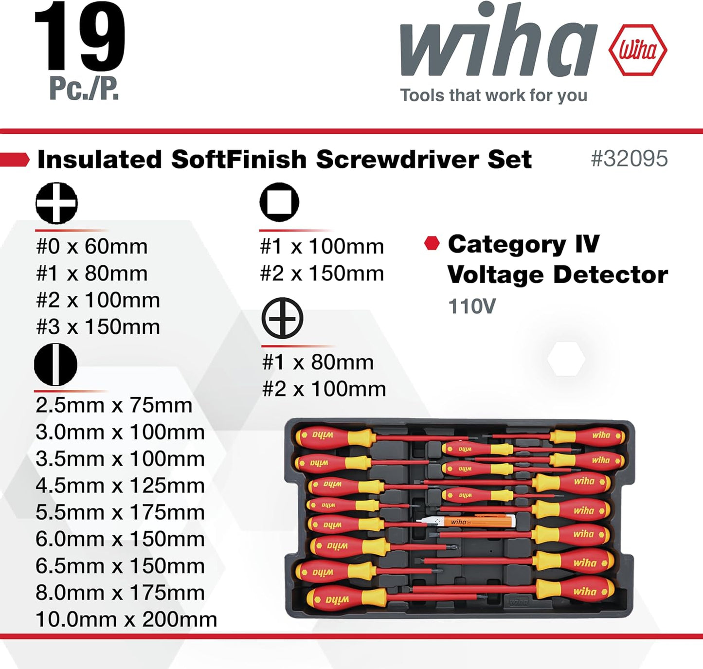 Wiha 32095 Slotted and Phillips Insulated Screwdriver Set, 1000 Volt, 19 Piece