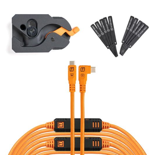 Tether Tools TetherGuard LeverLock Plate Camera Port Protection Tripod Plate for Cable Management & TetherPro Optima 10G High-Speed 31 ft. Straight to Right Angle USB-C to USB-C Cable Orange