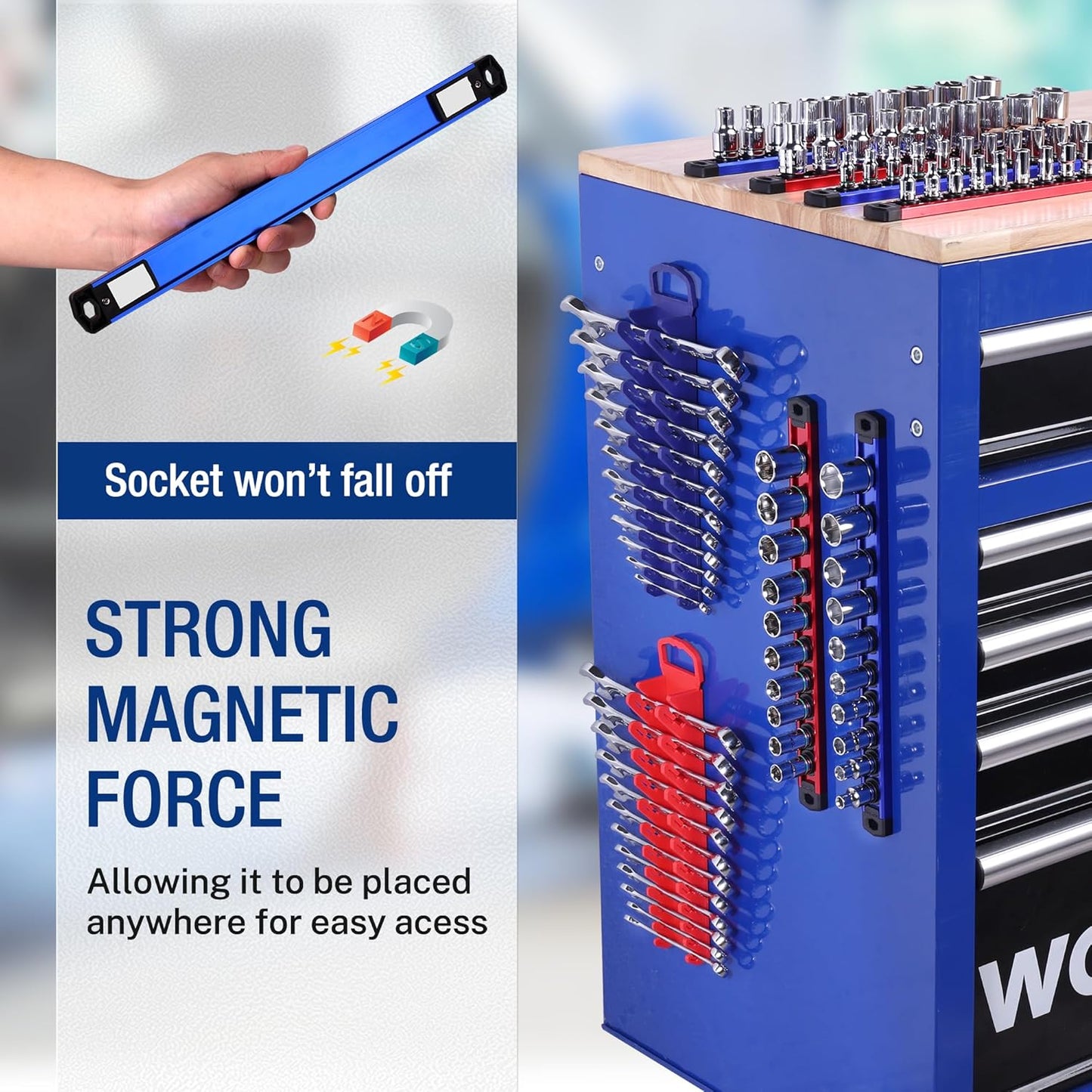 WORKPRO 8-Piece Magnetic Socket Organizer and Magnetic Wrench Organizer Set, 1/4", 3/8", 1/2" Drive Metric SAE Aluminum Alloy Socket Rail, Metric SAE Wrench Holder(Socket, Wrench not Included)