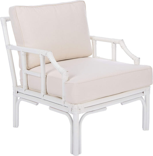 SAFAVIEH Home Kazumi Coastal White Rattan Cushion Accent Chair (ACH6508A)