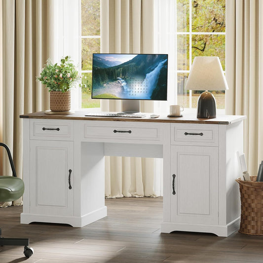 60" Executive Desk with Drawers, Farmhouse Home Office Desk with Storage Cabinets, Rustic Computer Writing Desks, Wood Computer Desks Workstation for Study and Work, Antique White