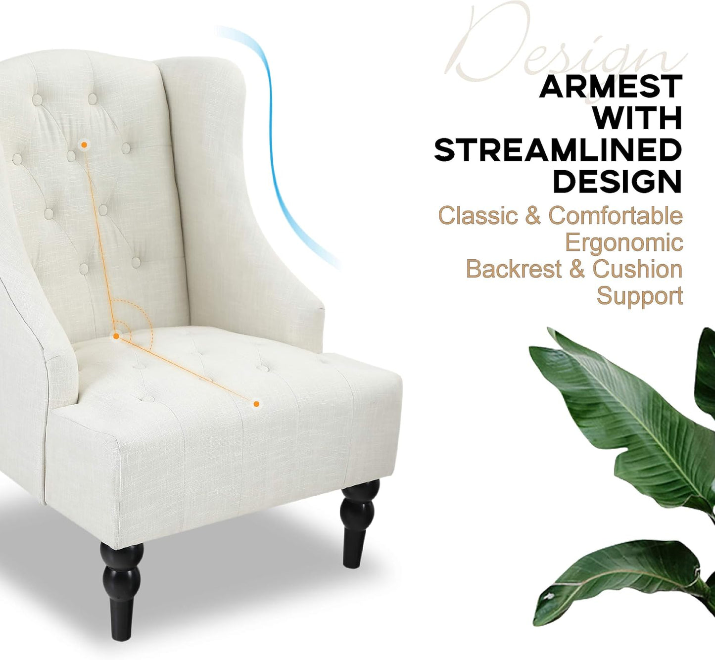 ALPHA HOME Accent Living Room Chair Wingback Armchair High Back Swoop Button-Tufted Club Reading Chair Mid-Century Retro Modern Home Theater Seating Linen Fabric Upholstered, Light Beige