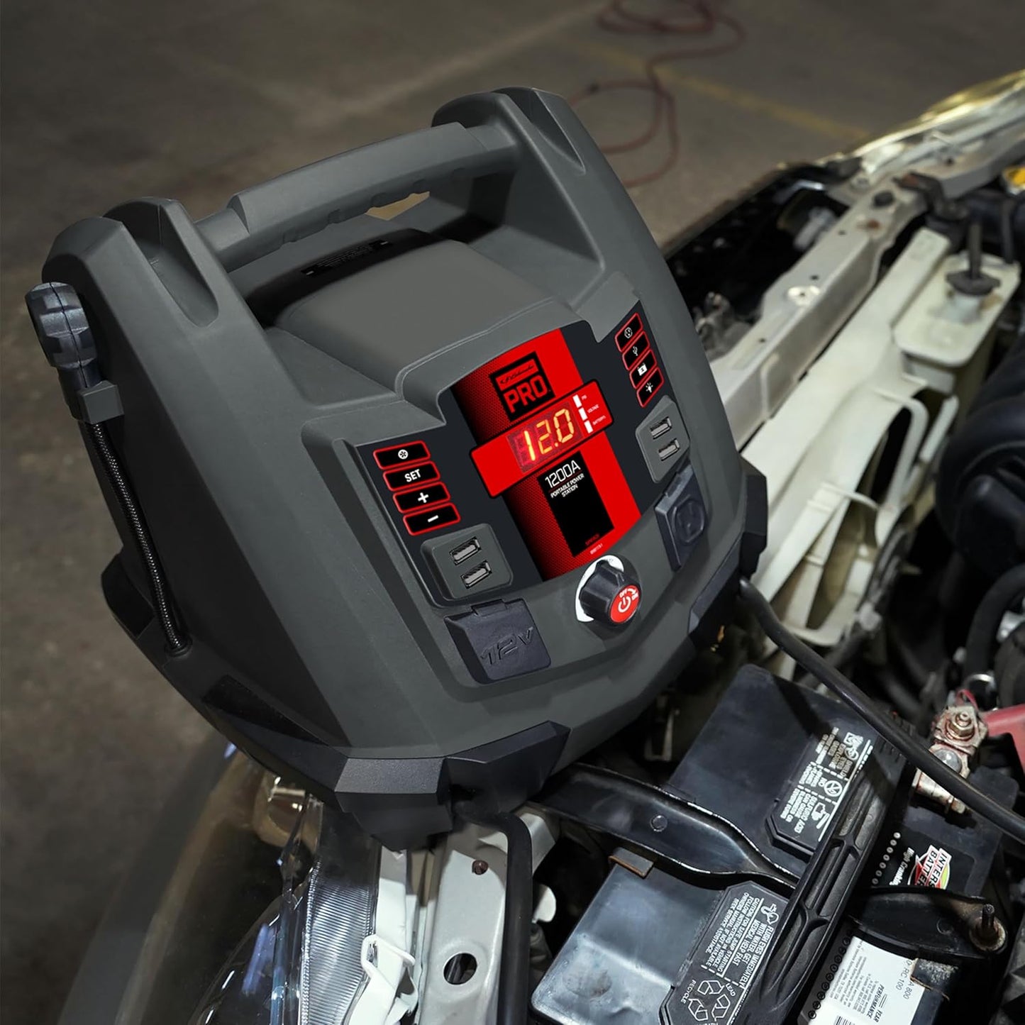 Schumacher Electric Jump Starter and Portable Power Station, 5-in-1 with Inverter, Air Compressor, and Work Light, SPR1631-1200 Peak Amps, 12 Volt, for Cars, Trucks, RV's and Marine Batteries