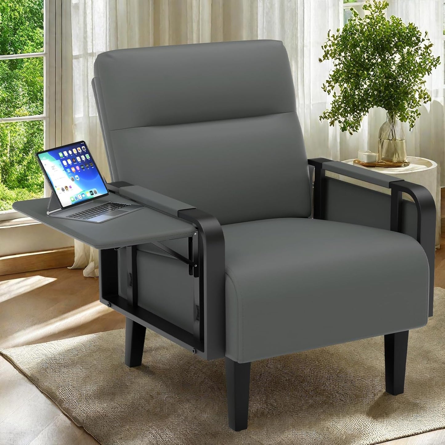 Upholstered Accent Chairs Set of 2, Faux Leather Armchair with Tray Table, Comfy Reading Chair for Living Room, Bedroom, Guest Room, Gray