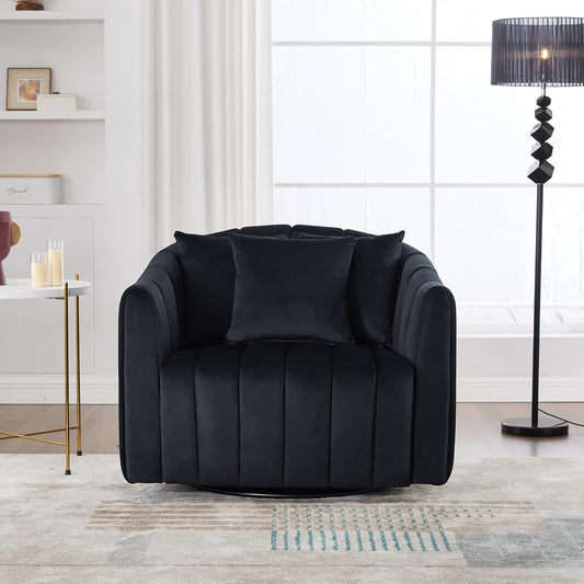 40" W Upholstered Oversized 360° Swivel Accent Barrel Chair and Half Cozy Sofa with Removable Pillows, Velvet Club Armchair for Living Room Bedroom Office Lounge, Black