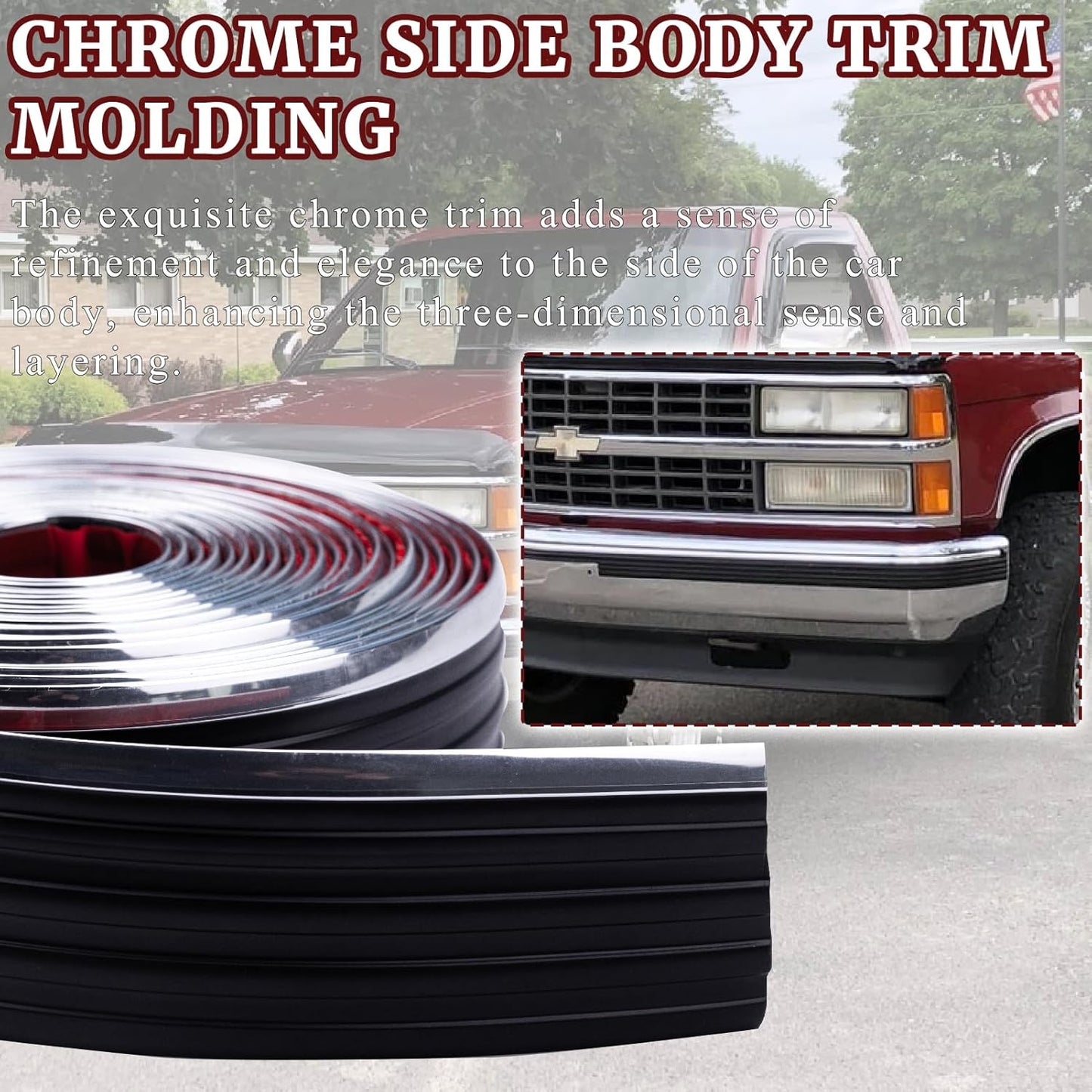 Chrome Side Body Trim Molding Replacement Compatible with 1988-1998 Chevy GMC Pickup C1500 C2500 C3500 K1500 K2500 K3500 Suburbans Tahoes Silverado Blazers Service Body Truck Accessories 320"L 2.5"W