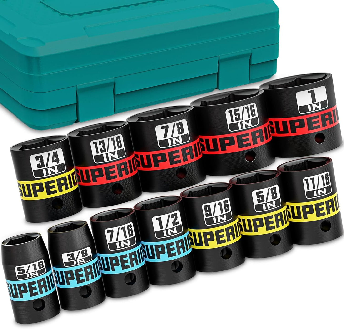 9 Piece 1" Drive Deep Impact Socket Set, 1 Inch - 2 Inch, SAE, 6-Point Design, Heavy Duty CR-MO, Truck Tire Service, Mechanical Equipment Maintance