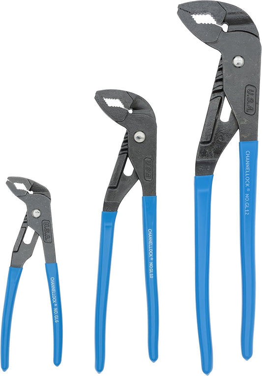 CHANNELLOCK GLS-3 3-Piece GRIPLOCK Tongue & Groove Pliers Set, 6.5", 9.5", 12.5" Water Pump Pliers, Patented PERMALOCK Fastener, Forged High Carbon Steel, Made In the USA
