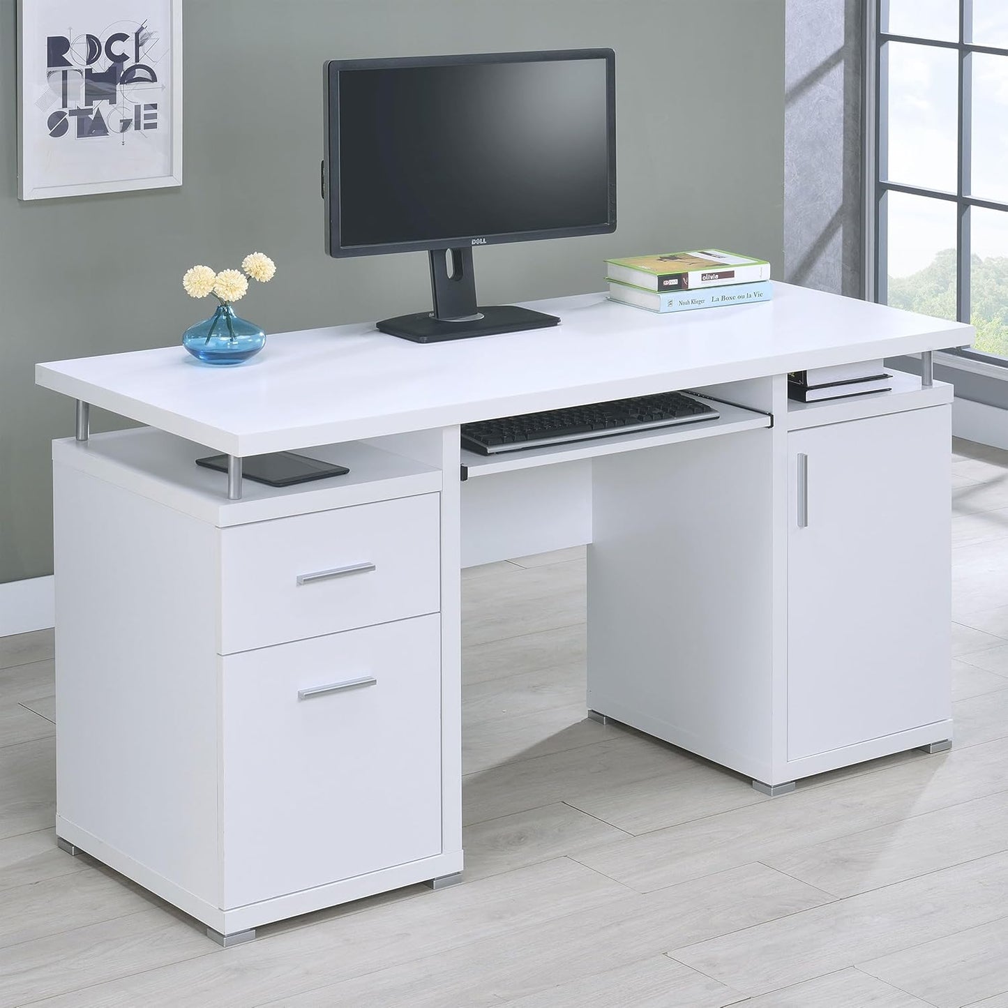 Coaster Home Furnishings Tracy Modern Contemporary 55-Inch 2-Drawer Home Office Computer Writing Desk Study Table with File Cabinet Storage Engineered Wood Eco-Friendly Laminate White 800108