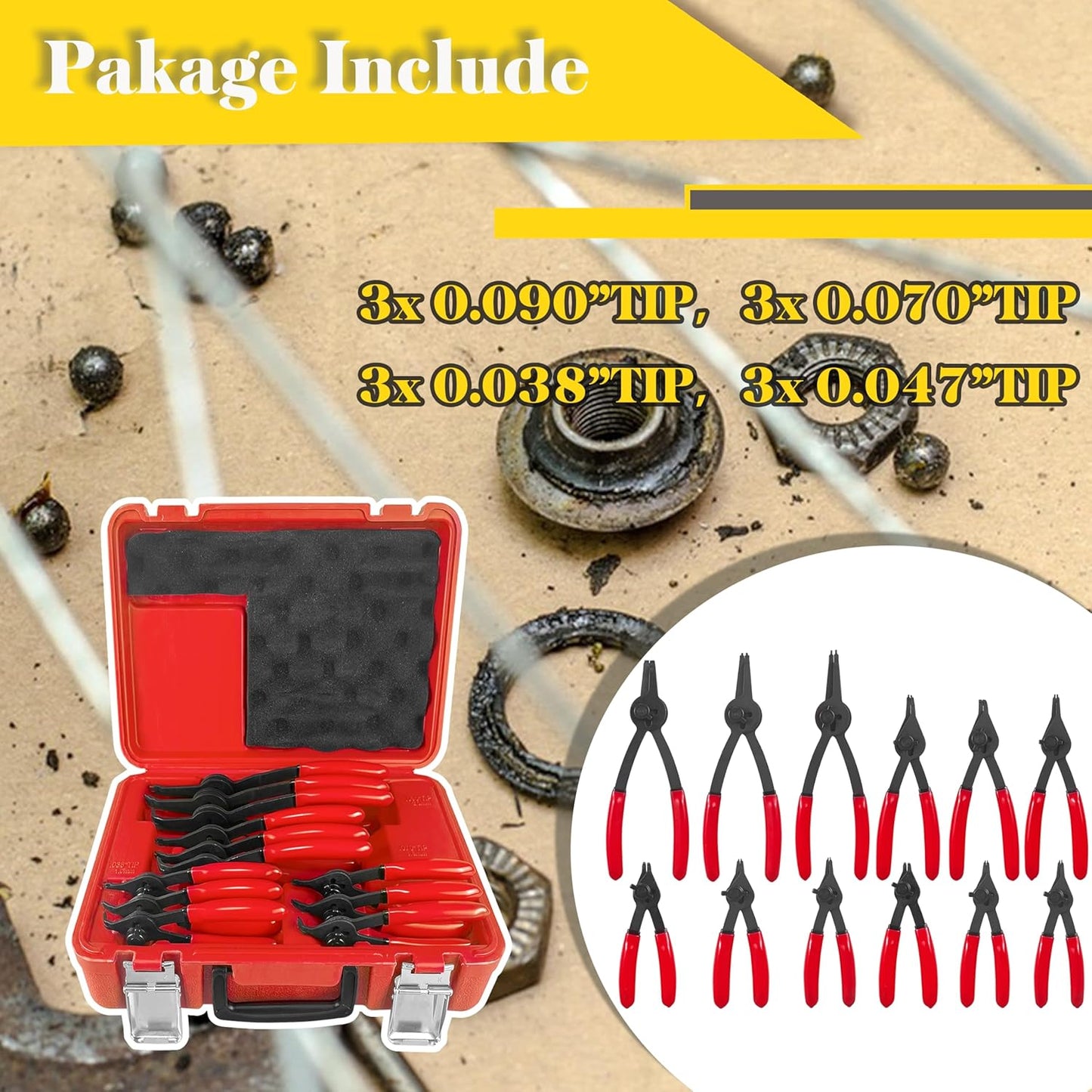 12Piece Snap Ring Pliers Set Heavy Duty, Internal External Convertible Fixed Tip Snap Ring Pliers for 0.038in 0.047in 0.070in 0.090in