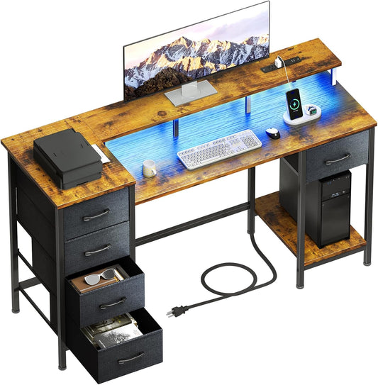 47 Inch Computer Desk with Monitor Stand and Shelf, Rustic Brown