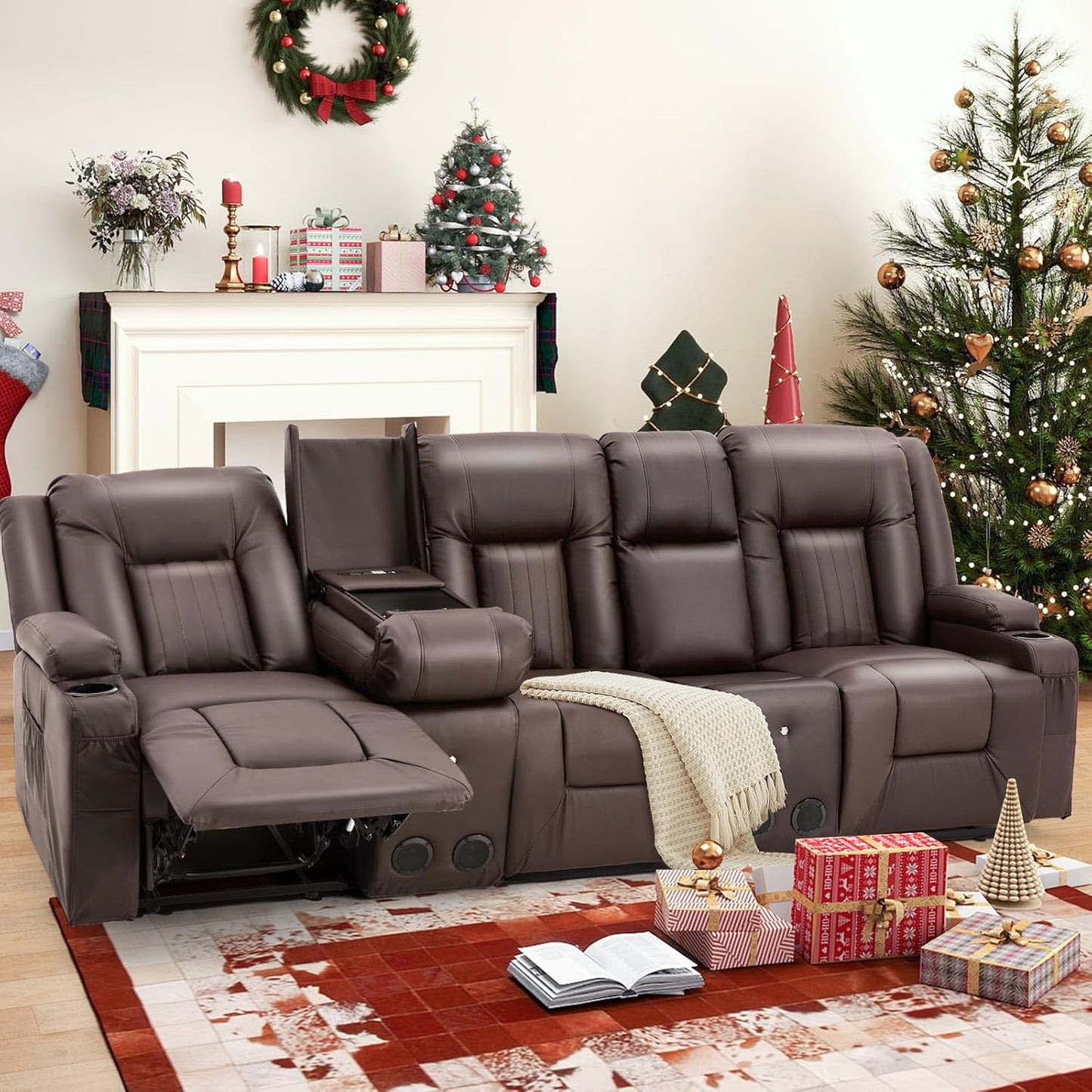 YODOLLA Massage Manual Recliner Chair with Heat, Leather Rocking Swivel Chair Lazy Boy Recliner Chair w/ 2 Side Pockages, 2 Cup Holders for Living Room, RV, Cream White