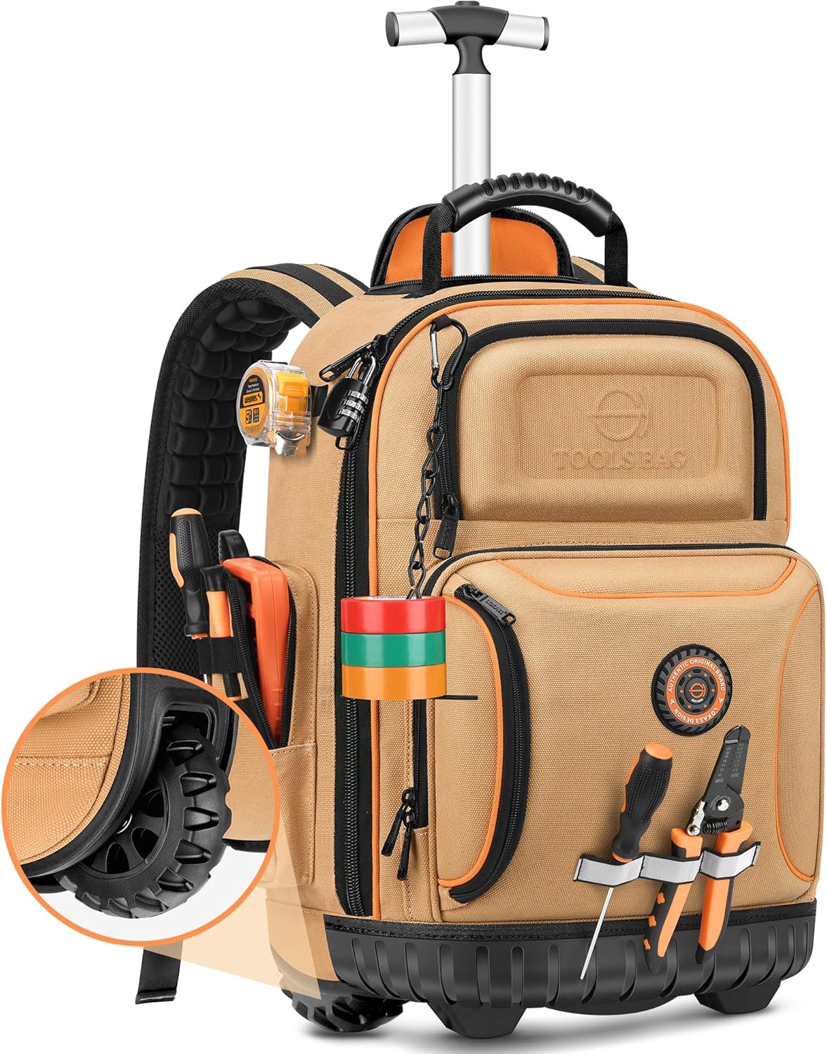 Backpack Tool Bag with Wheel, Rolling Tool Backpack for Electrician Heavy Duty Roller Tool Bag on Wheel for Construction Work, 75 Pockets & Loops Tool Backpack with Molded Base and Combination Lock