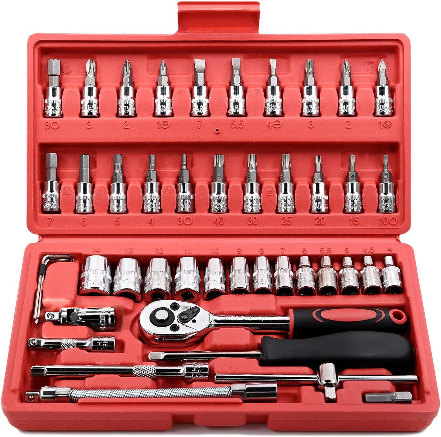 3/8” Drive Socket Set, 76 Pieces Ratchet Wrenches Set, Standard and Deep Metric (8 to 19mm)/SAE (5/16 to 3/4 inch) Size, with 72-Tooth Ratchet for Auto Repairing and Household, with Storage Case