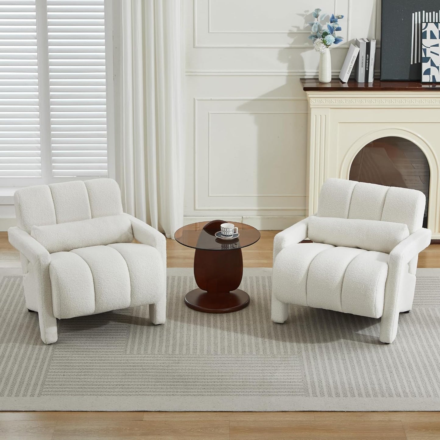 LOULENS Sherpa Accent Chair Set of 2 for Living Room, Modern Upholstered Armchair with Thick Cushion and Pillow, Comfy Lounge Chair for Bedroom, Apartment, Waiting Room,Beige