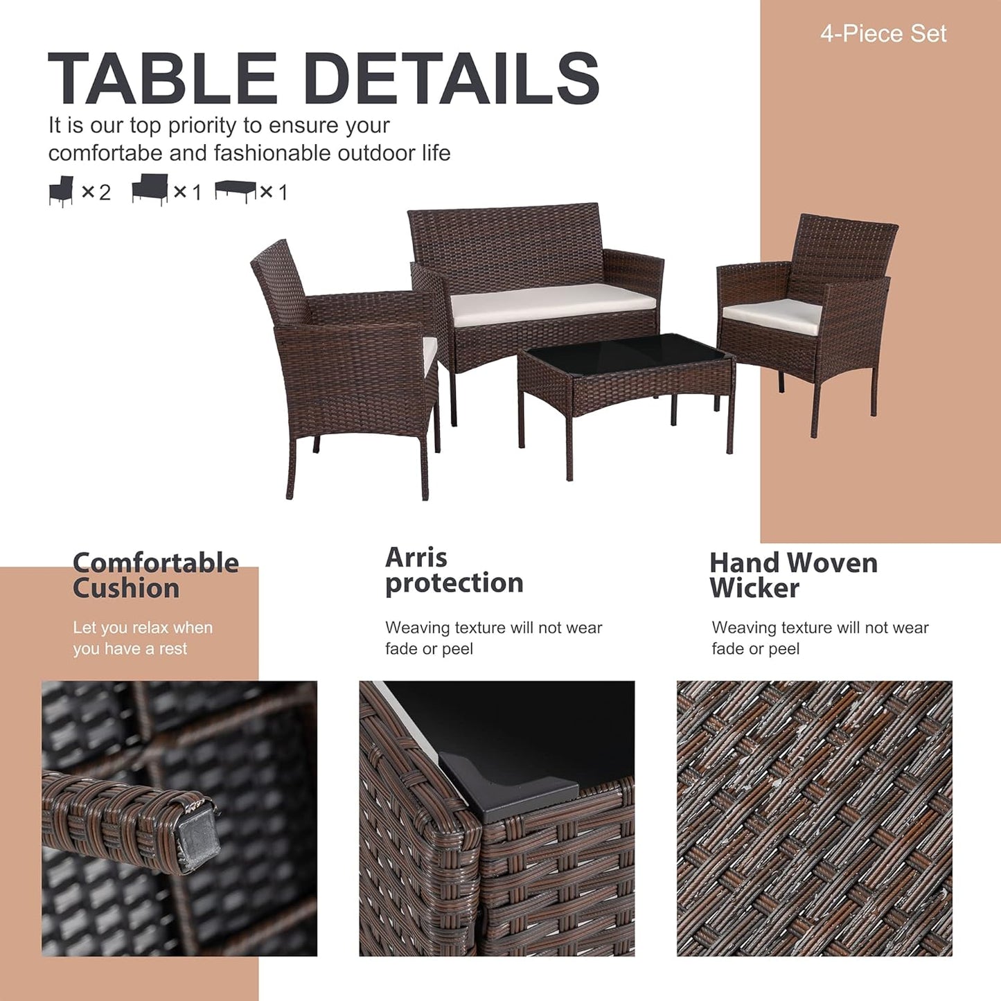 Shintenchi 4 Piece Outdoor Patio Furniture Set, Wicker Rattan Patio Conversation Set, Outdoor Chairs and Loveseat with Coffee Table for Porch, Yard & Poolside (Brown)