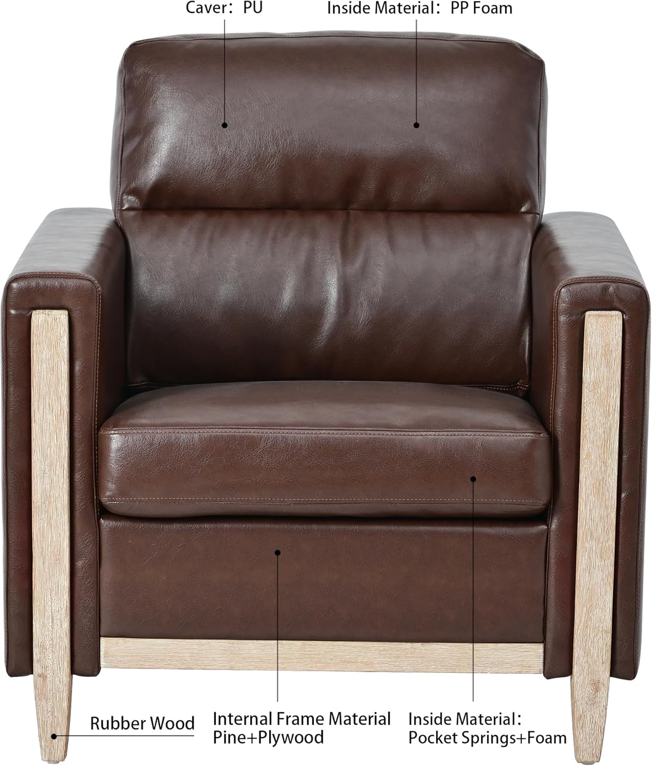 Christopher Knight Home Aurla Accent Chair, Uphostered Club Chair, Armchair with Wood Legs, Faux Leather Single Sofa, Comfort Seating 1 Seater Sofa Chair for Living Room Reading Room Bedroom, Brown