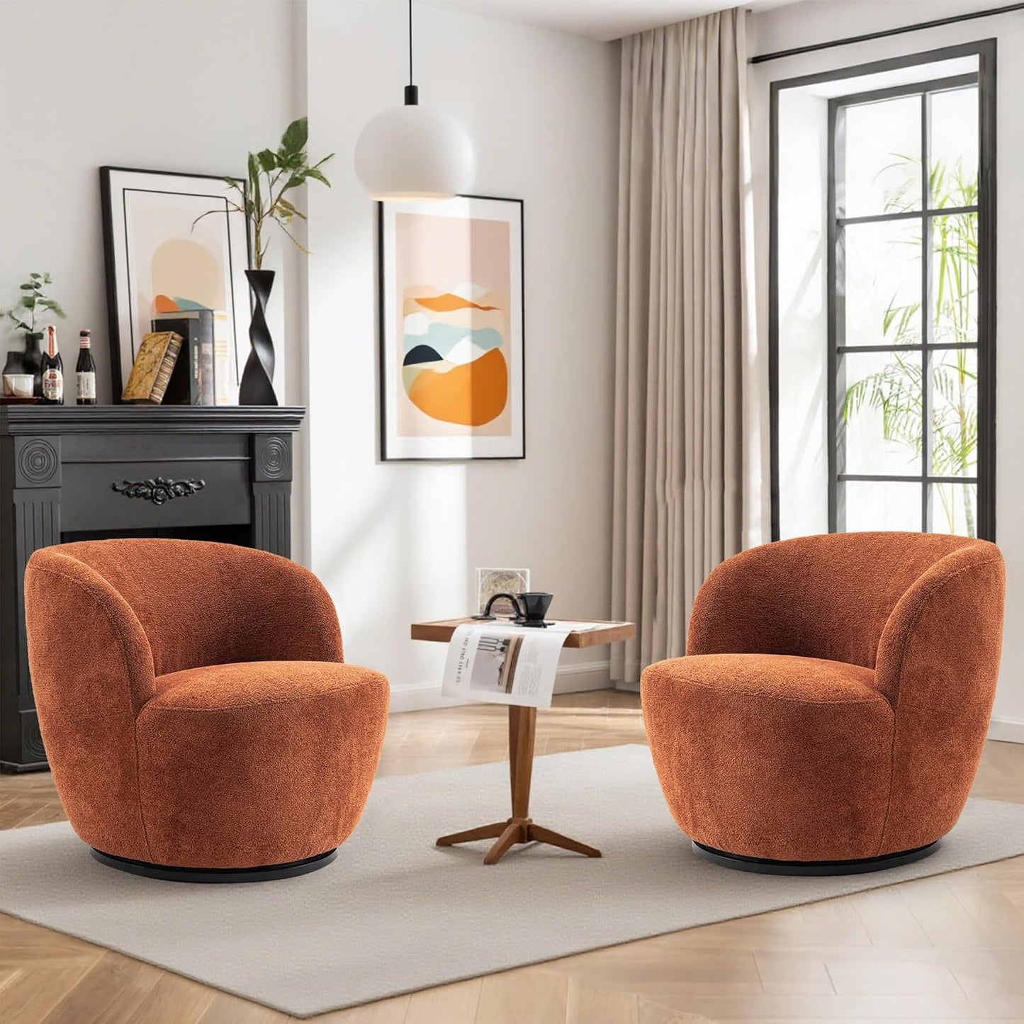 Rowill 30" Wide Swivel Barrel Accent Chair, Modern Upholstered Round Chairs with Curved Back and Soft Cushion, Boucle Fabric Padded Armchair Single Sofa for Living Room, Bedroom, Reading Room, Beige