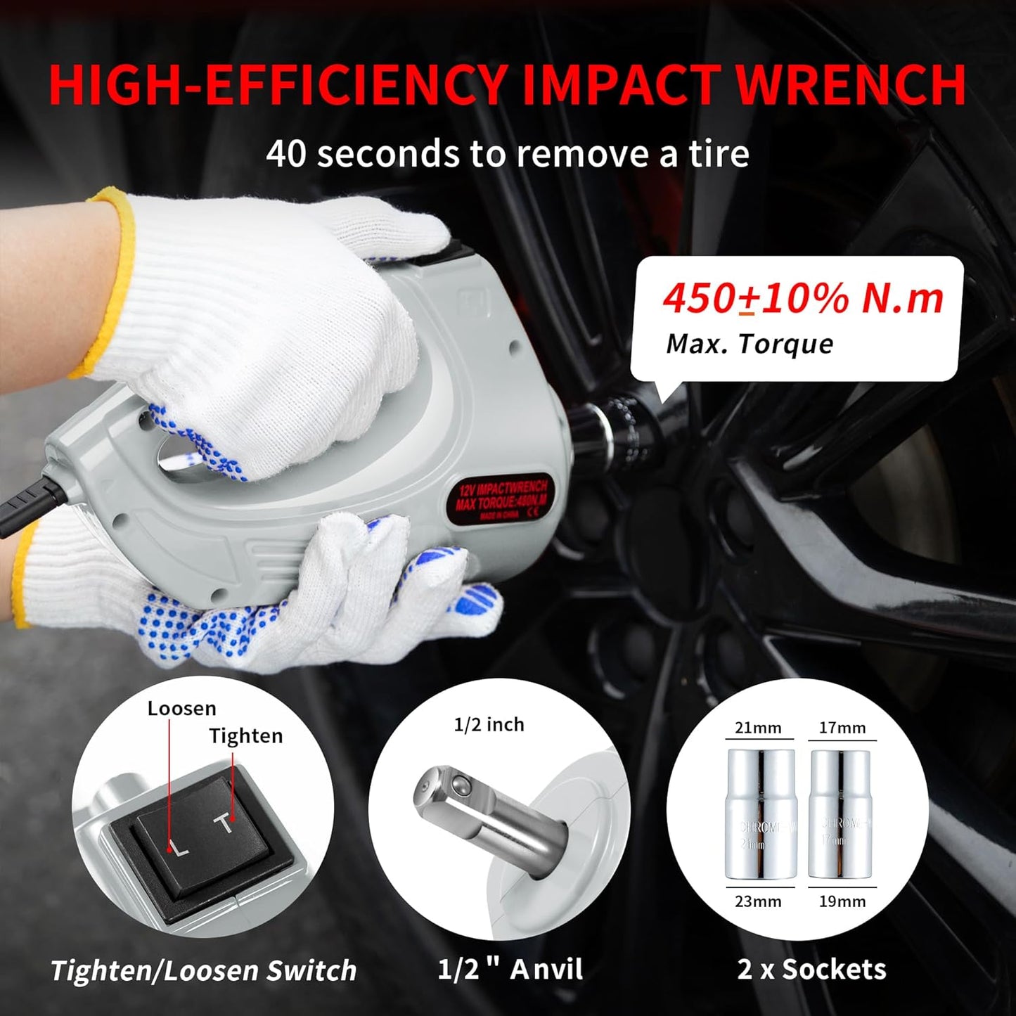 [EFN Clearance] Electric Car Jack Kit with Impact Wrench, 5 Ton/11023 LBS 12V Electric Hydraulic Jack with Lifting Range: 6.1~17.7in, Safety Hammer for Tesla SUV MPV Sedan Truck Tire Change (Gray)