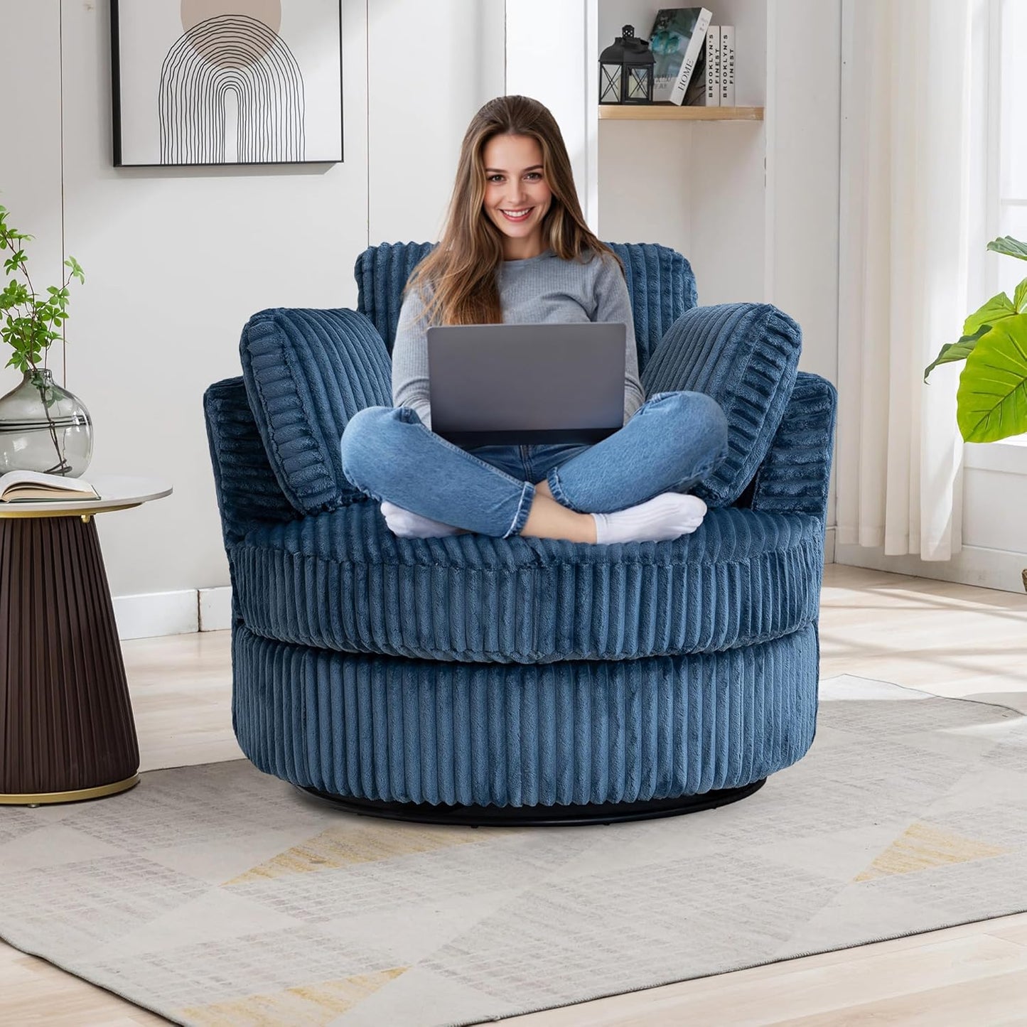 360-Degree Swivel Accent Chair Plush Corduroy & Foam-Filled Chaise Lounge Chair for Indoor Living Room & Bedroom, 40" Oversized Modern Design Round Barrel Chair, Comfortable Seating, Blue