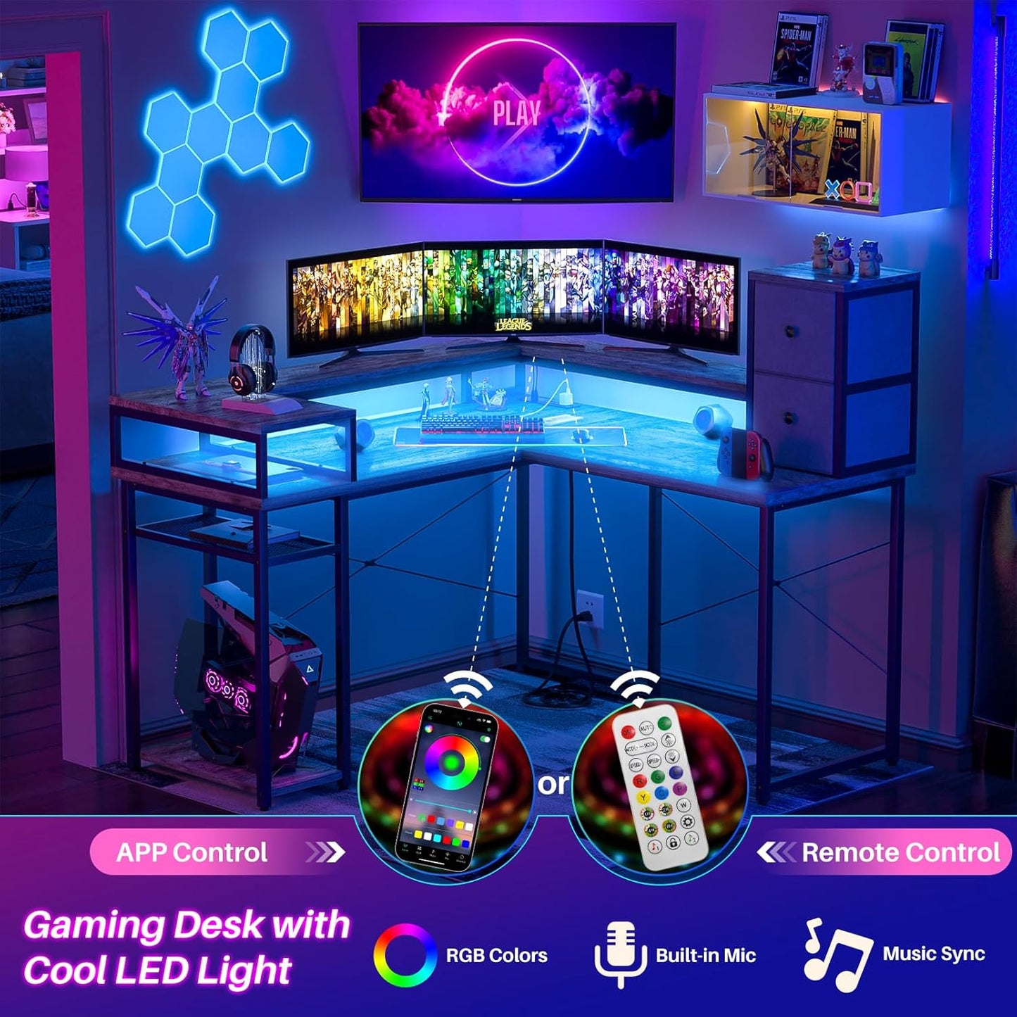 armocity L Shaped Desk with Drawers, Reversible Corner Computer Desk with LED Light & Power Outlet, 55.2'' L-Shaped Gaming Desk with Long Monitor Shelf, Home Office Desk for Small Corner Space, Grey