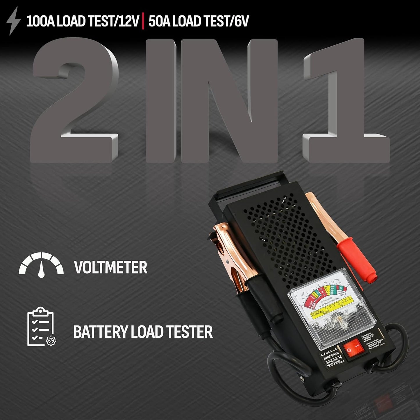 Schumacher Electric 100A Car Battery Load Tester and Voltmeter, for Batteries Up to 1000 Cranking Amps, Charging System Diagnosis, for 6V/12V Power Sport, Automotive, and Marine Batteries, BT-100