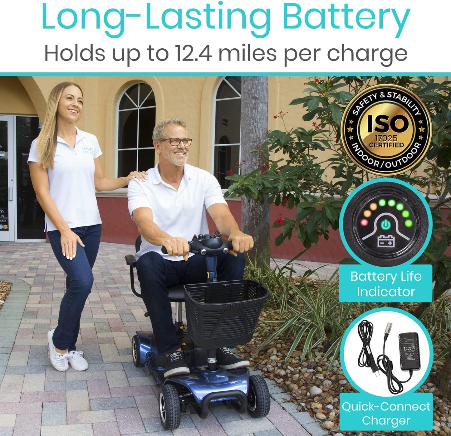 Vive 4 Wheel Mobility Scooter - Electric Powered Wheelchair Device - Compact Heavy Duty Mobile for Travel, Adults, Elderly - Long Range Power Extended Battery with Charger & Basket