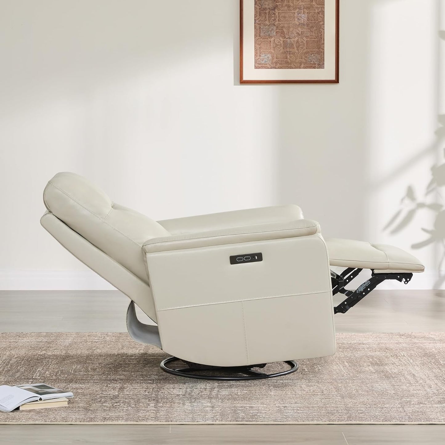 Watson & Whitely Genuine Leather Power Recliner Chairs W Power Headrest for Adults, Swivel Glider Recliner Chair W Charging Ports for Living Room, Light Grey