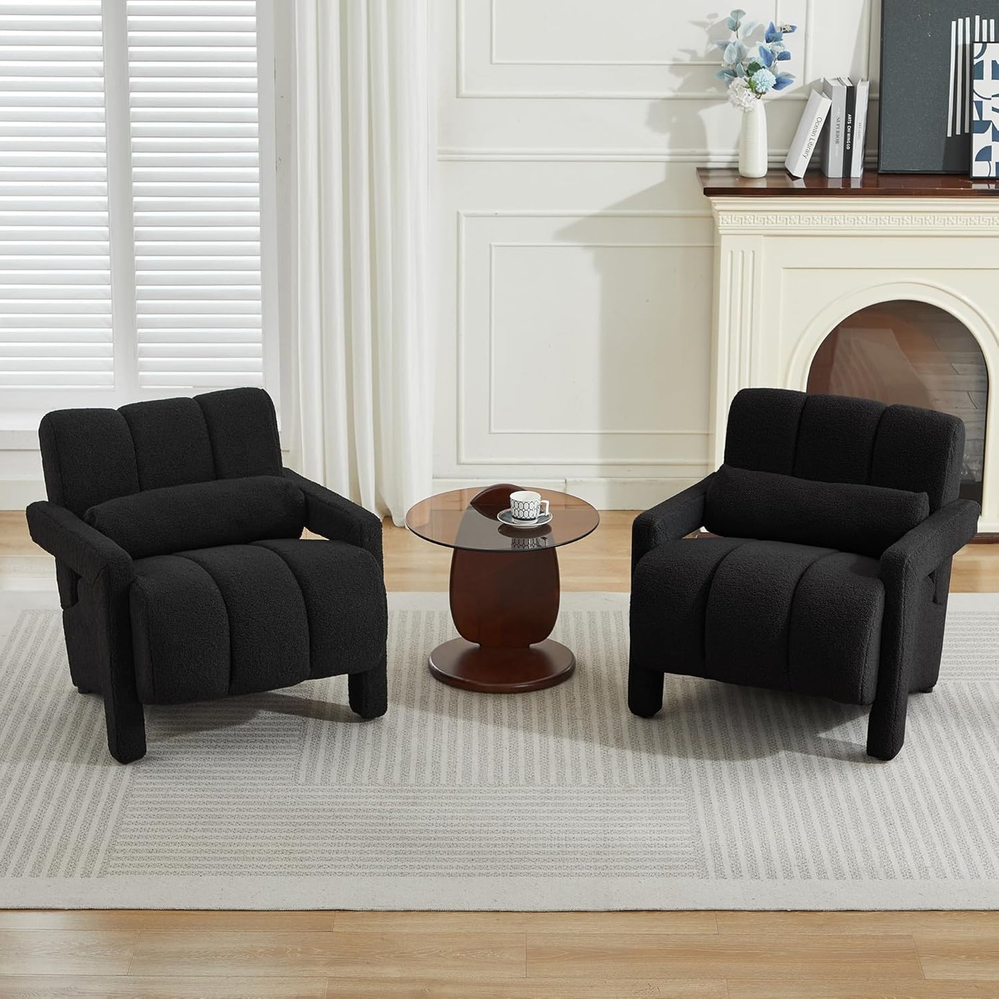 LOULENS Sherpa Accent Chair Set of 2 for Living Room, Modern Upholstered Armchair with Thick Cushion and Pillow, Comfy Lounge Chair for Bedroom, Apartment, Waiting Room,Beige