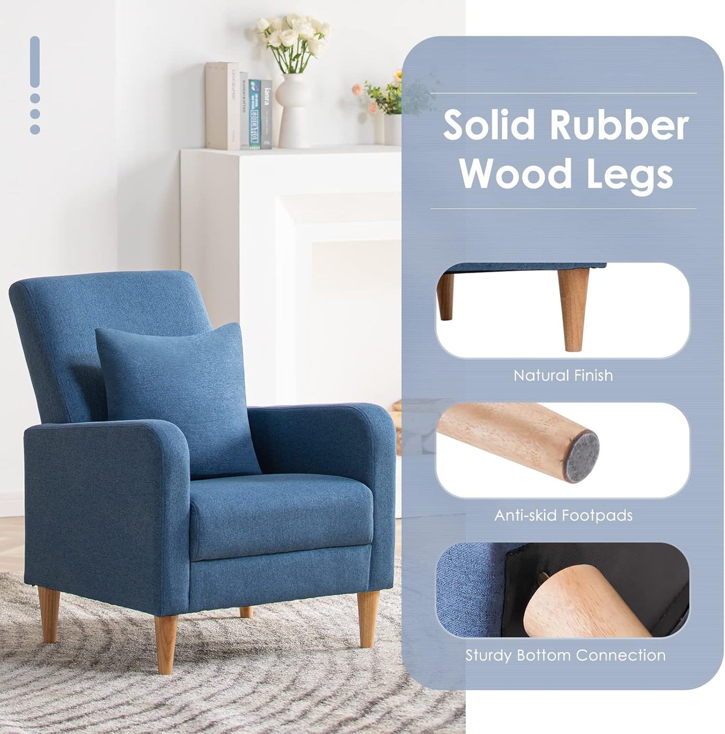 COLAMY Fabric Accent Living Room Chairs Set of 2, Upholstered Arm Chair Reading Side Chair, Single Sofa with Back Pillow and Wood Legs, Blue