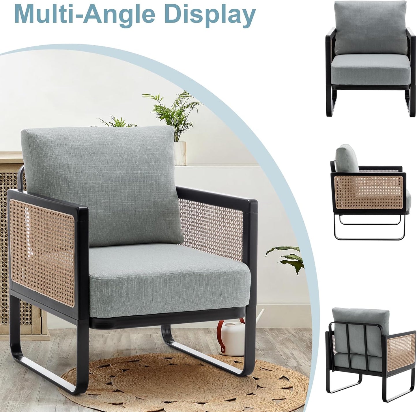 WENTMENT Rattan Accent Chairs Set of 2 Sofa Chair with Natural Rattan Armrest and Removable Backrest, Upholstered Living Room Chair Lounge Chair for Reception Room/Hosting Room/Bedroom(Grey)