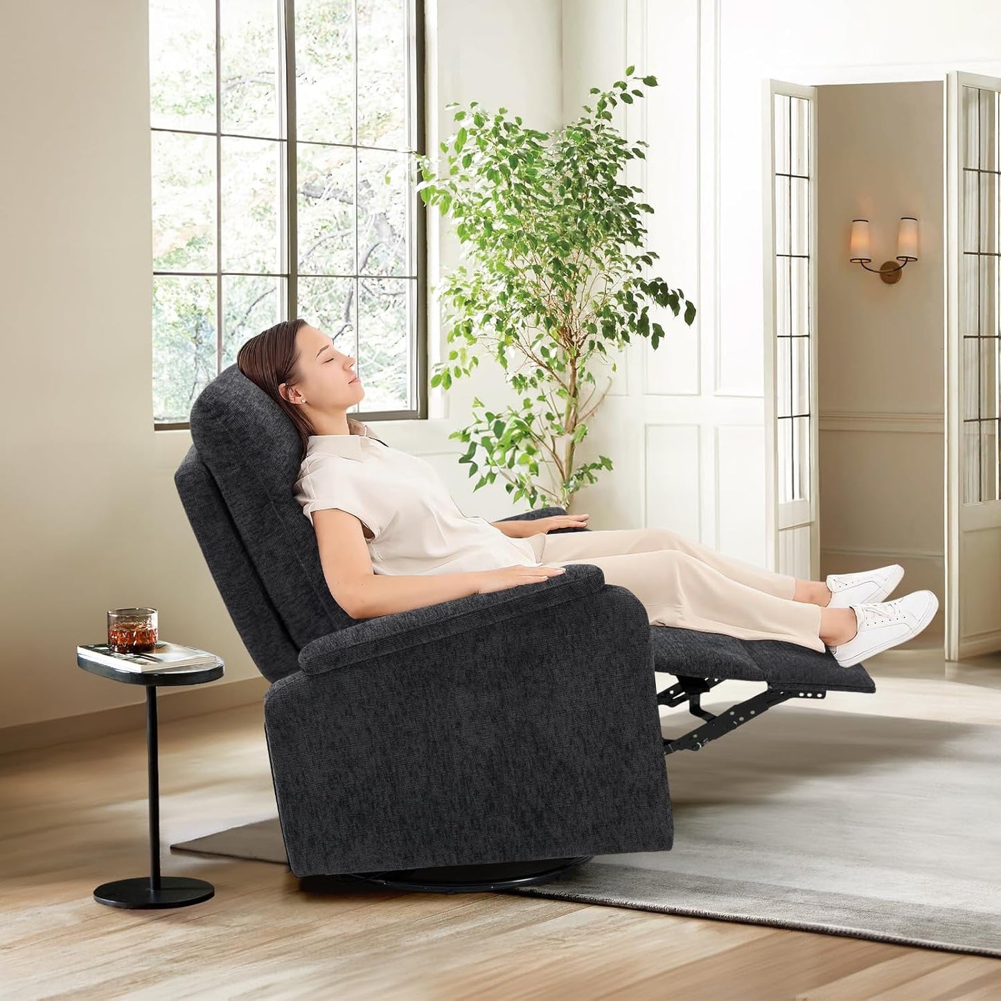 COLAMY Recliner Chair, Living Room Glider Chairs Home Theater Seat with Footrest Cushion, Swivel Adjustable Modern Bedroom Sofa Couch Chair, Darkgrey