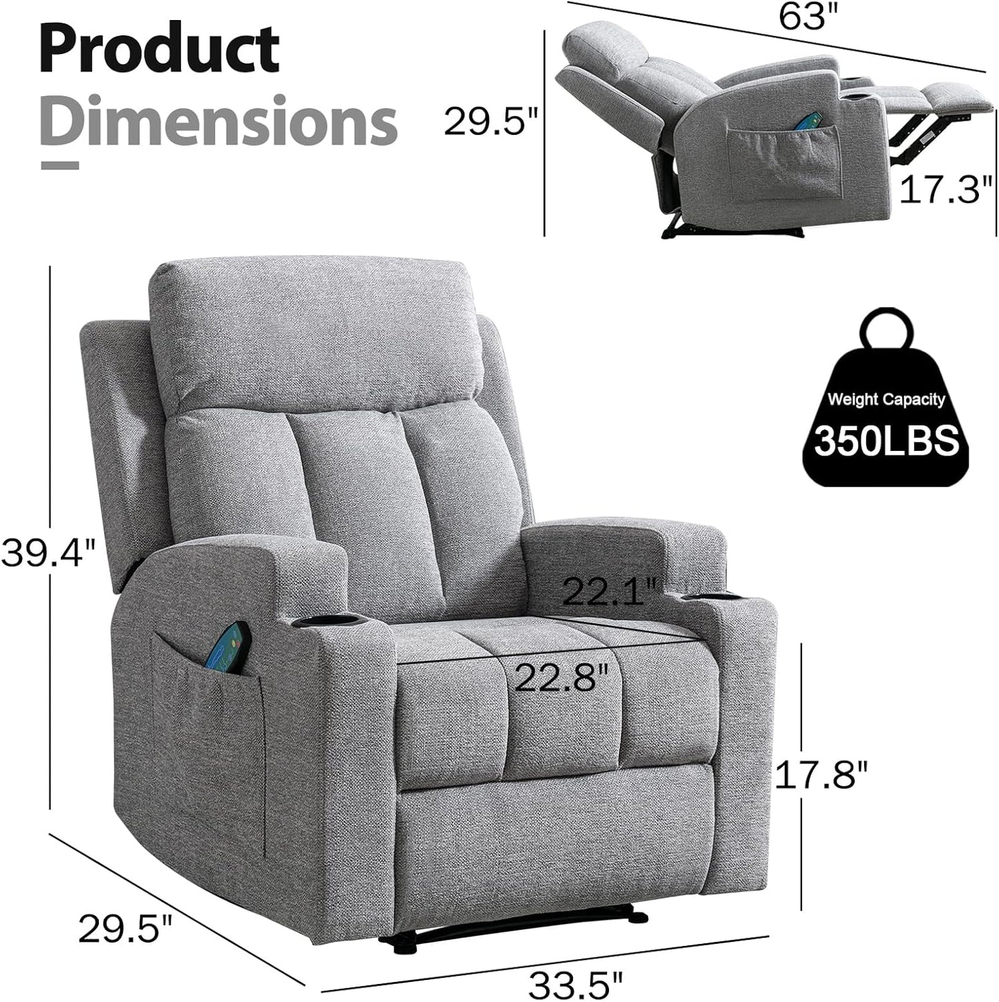 CANMOV Manual Recliner Chair with Massage and Heat,Soft Fabric Recliner Chair with Overstuffed Armrest and Backrest, Manual Reclining Single Sofa with 2 Cup Holders, Side Pocket for Living Room,Grey