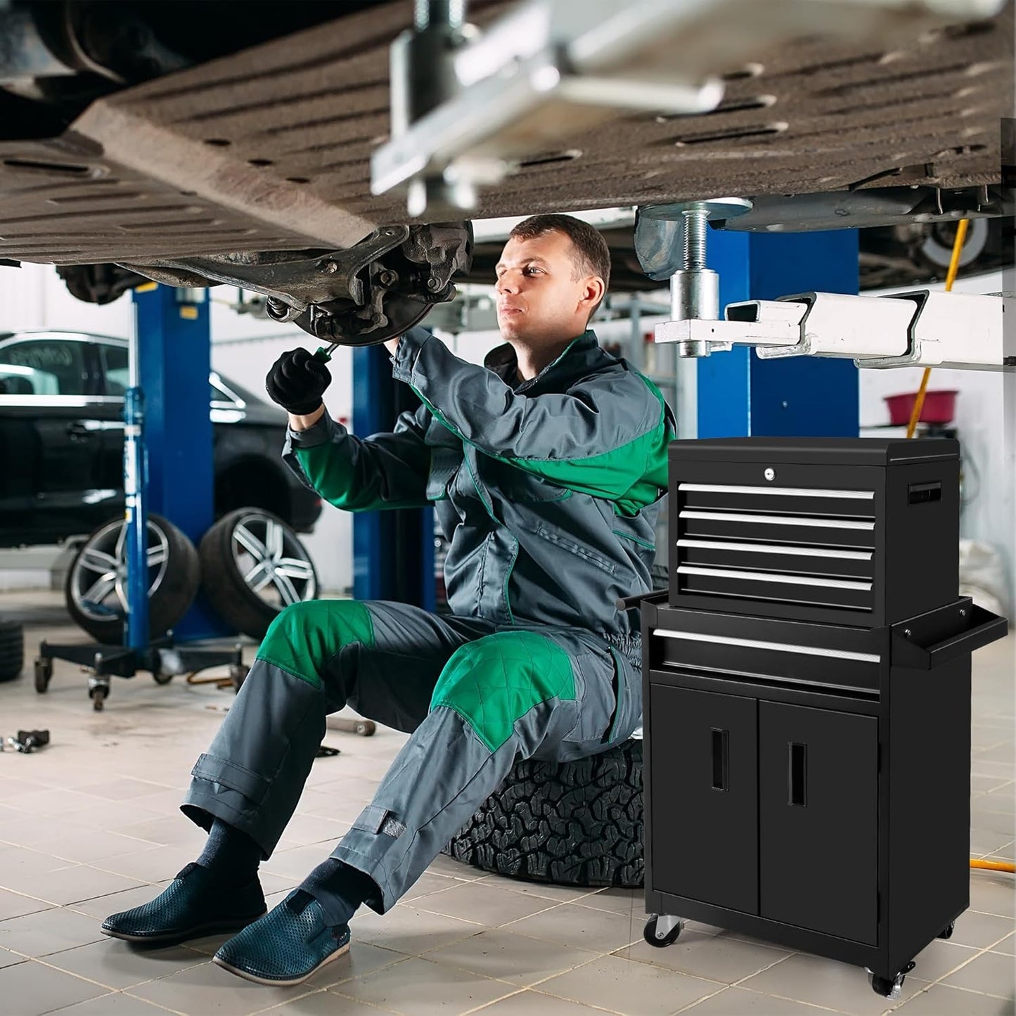 Steelite Tool Chest with Wheels, Large 5-Drawer Tool Box Organizer, Lockable Wheels & Sliding Drawers & Detachable Top & Adjustable Shelf, Metal Rolling Tool Cart for Garage Workshop