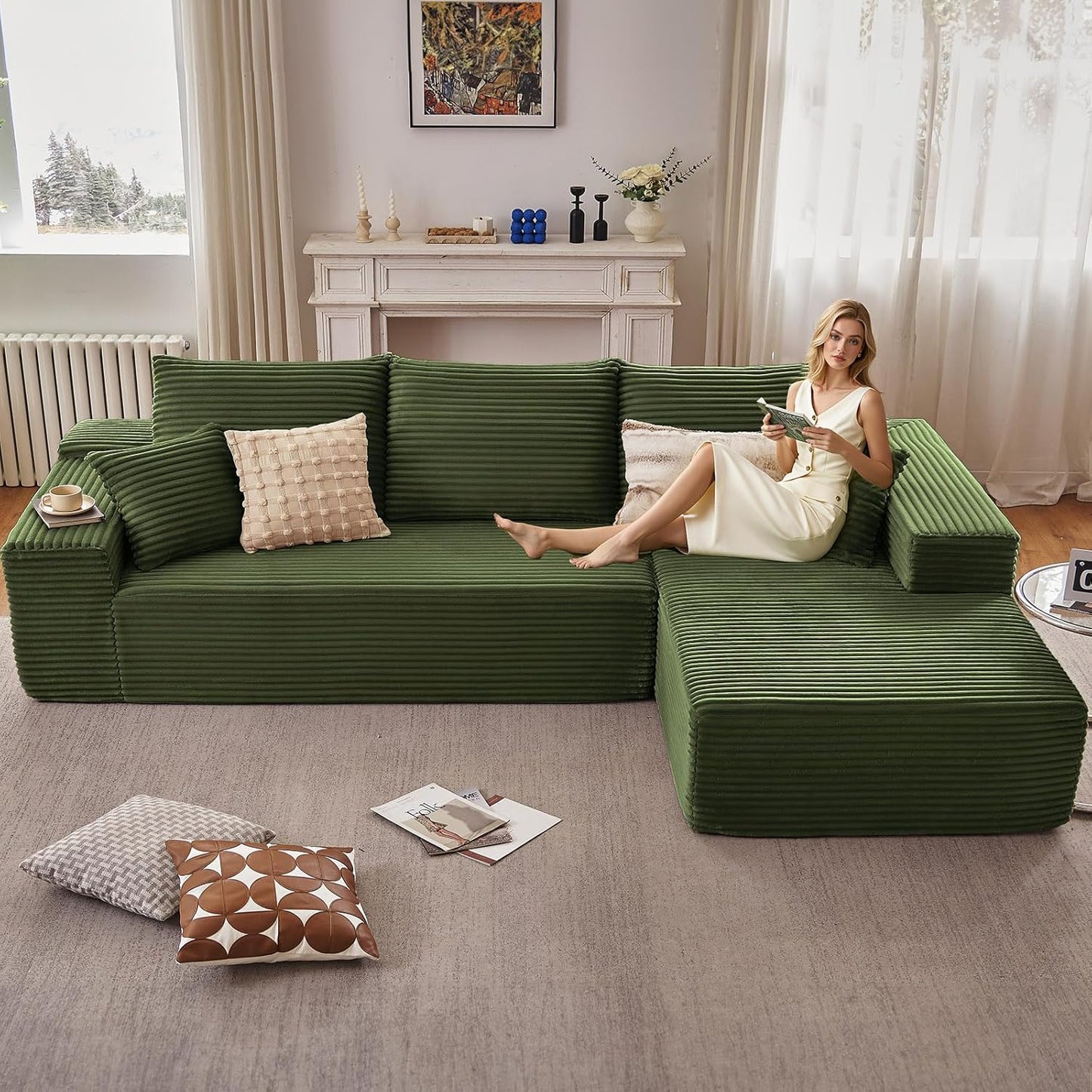 107" Modular Sectional Couches for Living Room, Comfy Boneless L Shaped Cloud Couch with Chaise Lounge, Modern Cozy Corduroy Deep Seat Floor Sofa, Memory Foam, No Assembly Required, Black