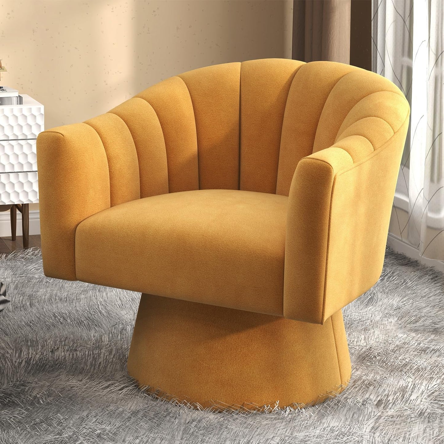 Swivel Accent Chair,Upholstered Velvet 360° Swivel Barrel Chair for Living Room Overstuffed Bouncle Reading Chair Round Armchair for Bedroom,Vanity,Office(Pink)