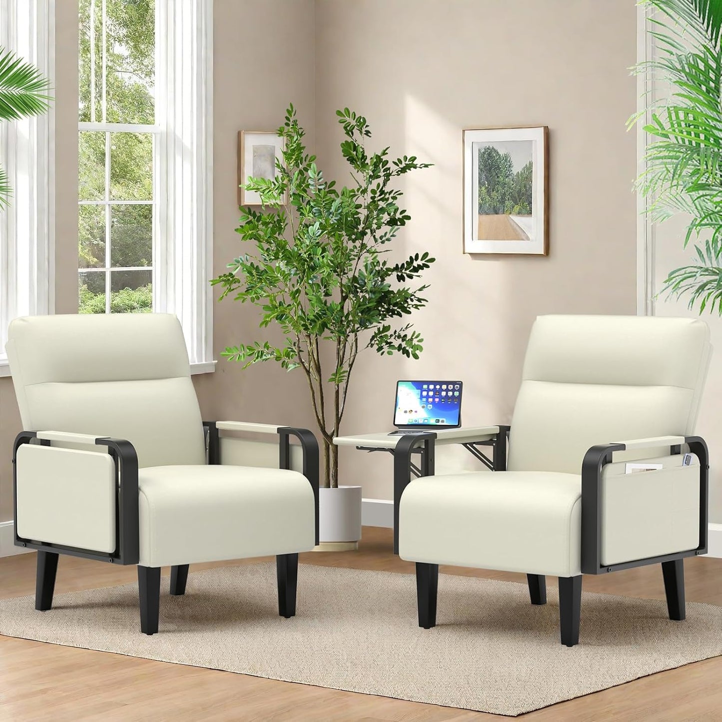 Upholstered Accent Chairs Set of 2, Faux Leather Armchair with Tray Table, Comfy Reading Chair for Living Room, Bedroom, Guest Room, Gray