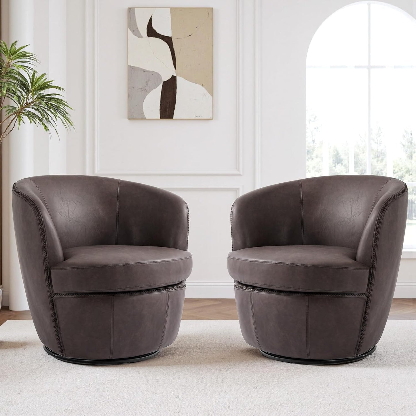 UIXE PU Leather Swivel Barrel Accent Chair, Modern Round Swivel Chair Comfy Upholstered Armchair for Living Room, Vintage Arm Chair Single Sofa Bedroom Reading Seats - Chocolate