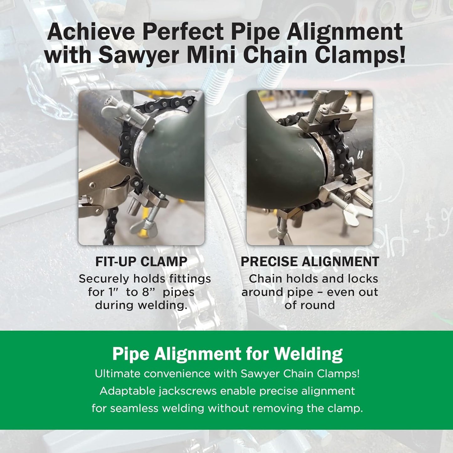 Sawyer - Mini Chain Clamp - Heavy Duty Pipe Vise for Welding, Repair, Stainless Steel Tools, Quick Lock Connector, Rigid, Bench Accessories, Grip, Wrench, Threader, Fitter, Links - 1”-8” Diameter