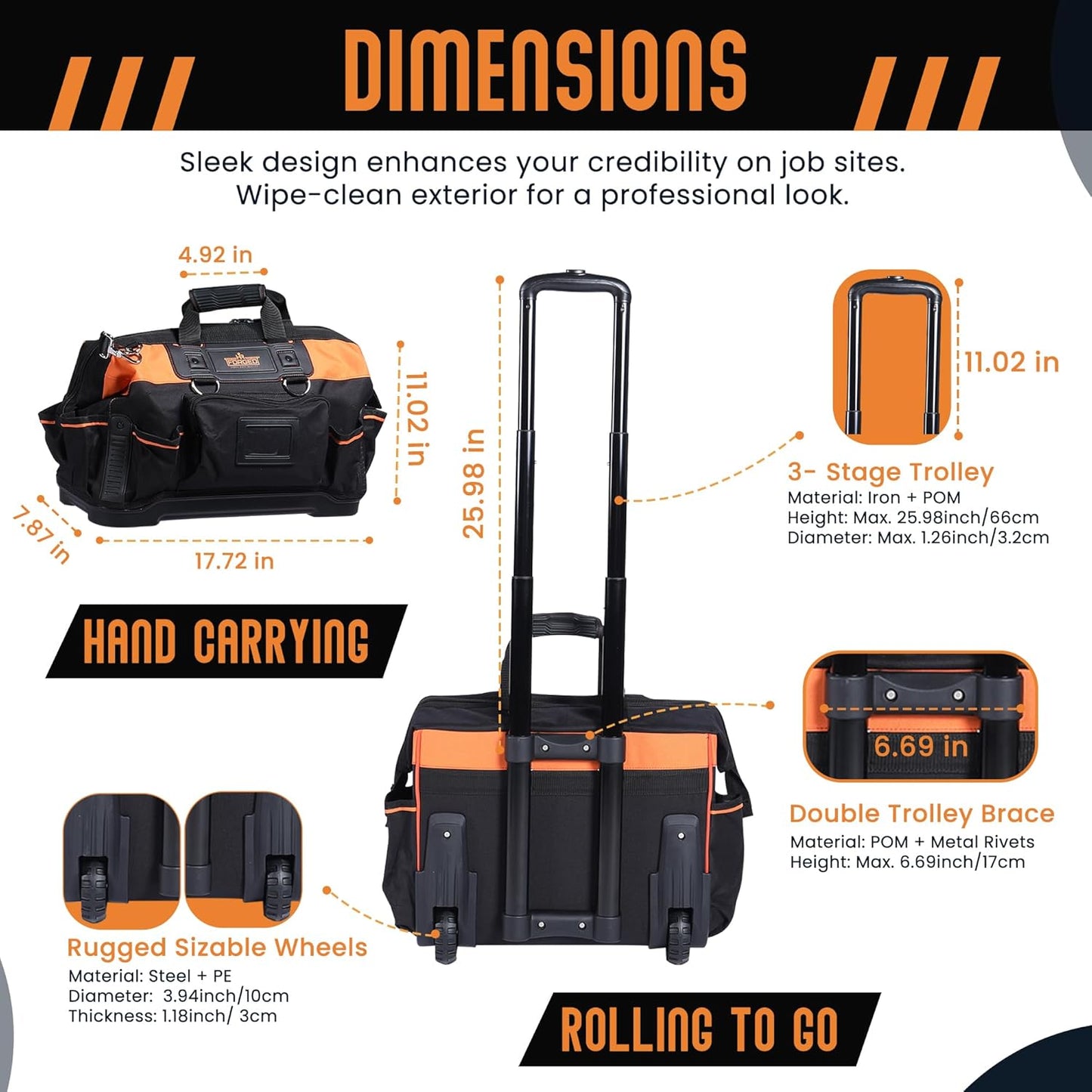 18" Rolling & Duffle Tool Bag - 2 Pack - Portable with Wheels - Water Resistant Fabric - 29 & 15 Pocket Roll Tool Bag for Mechanics, Electricians, Plumbers & Hvac