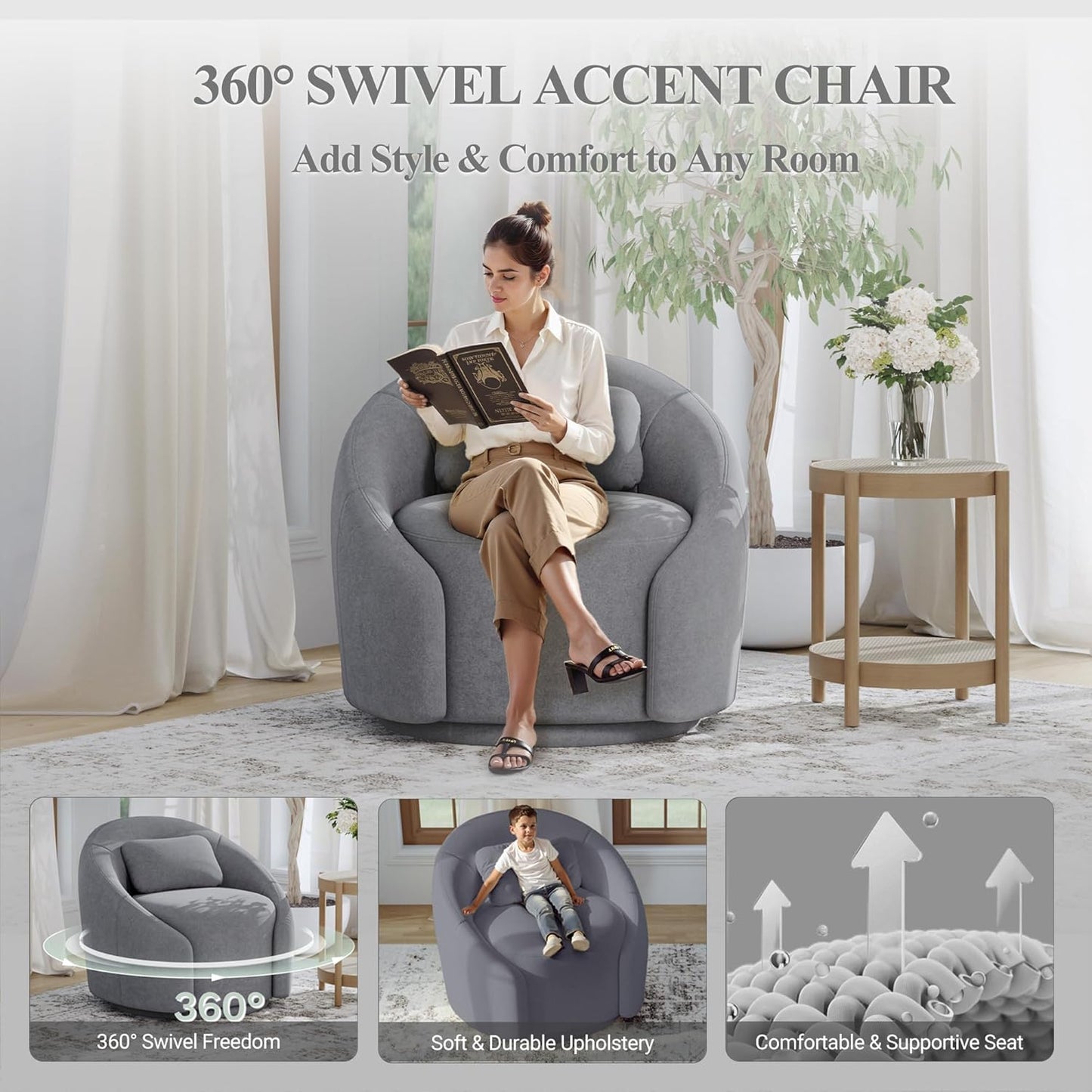 COLAMY 360°Swivel Accent Chairs, Mid-Century Modern Upholstered Chairs with Metal Base and Lumbar Pillow for Living Room, Bedroom, Home Office, 300 lbs Capacity,Grey