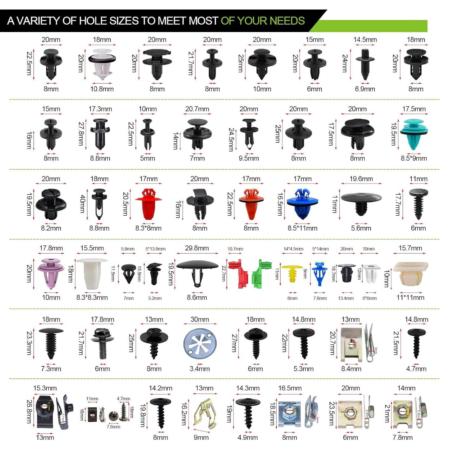 1970Pcs Automotive Push Retainer Clips Body Fasteners Clips 52 Most Popular Sizes Plastic Fasteners Kit Fender Rivet Clips Nylon Auto Push Pin Rivets for Toyota Ford Honda Fits Most Vehicle Brands