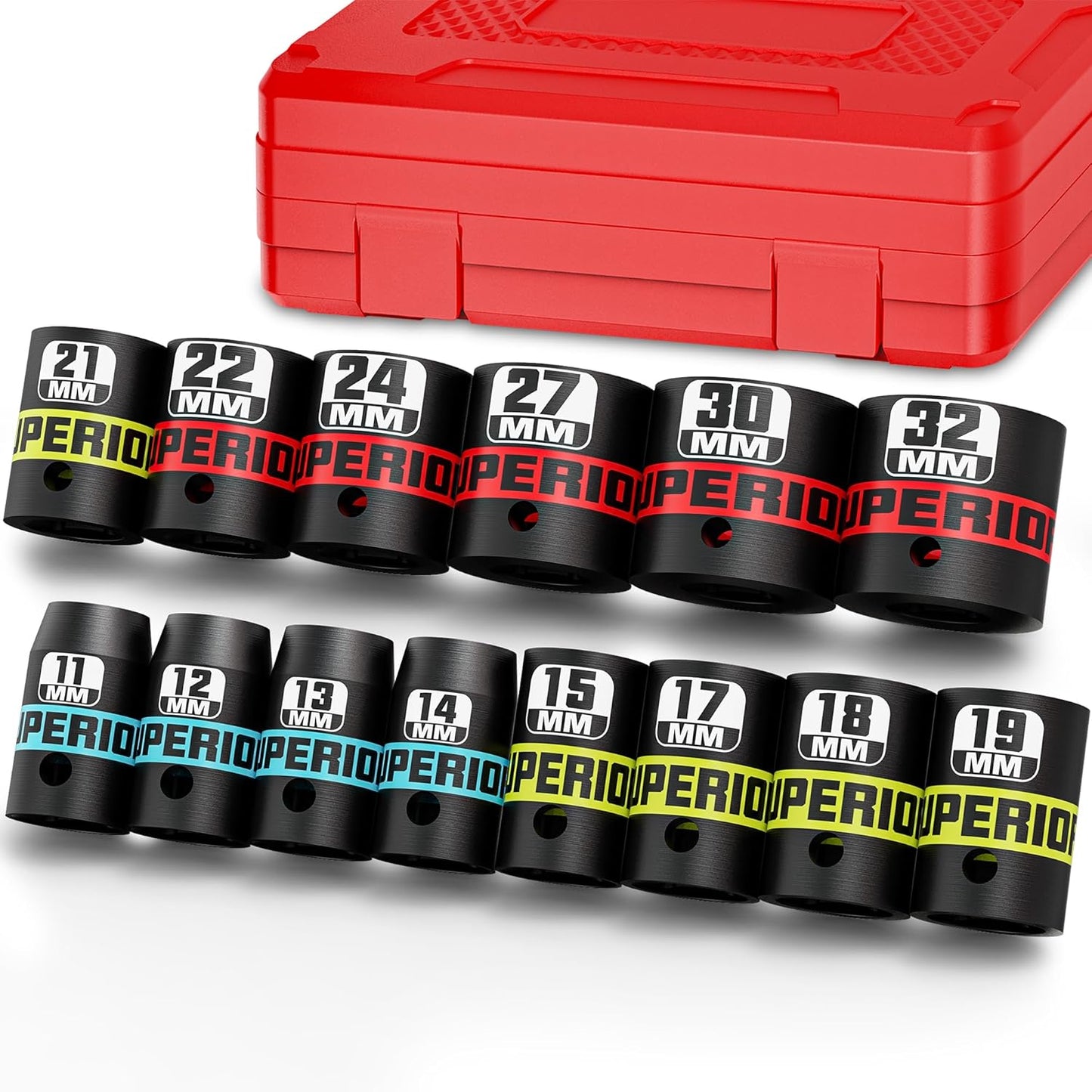 9 Piece 1" Drive Deep Impact Socket Set, 1 Inch - 2 Inch, SAE, 6-Point Design, Heavy Duty CR-MO, Truck Tire Service, Mechanical Equipment Maintance
